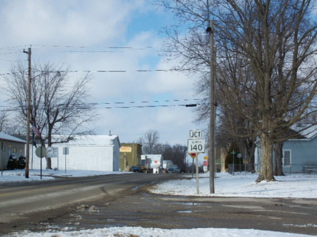 Mulberry Grove, IL: The stop sign along Rt. 140.