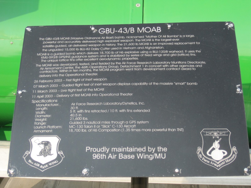 Eglin AFB, FL Specifications Plaque GBU43/B MOAB US Air Force