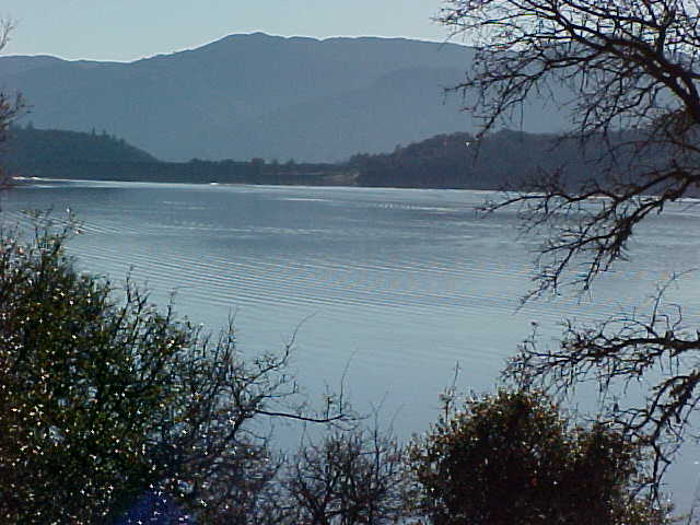 Ukiah, CA : View of dam across lake Mendocino. Looking west