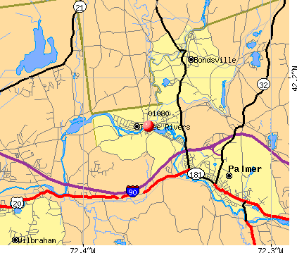 Three Rivers, MA (01080) map