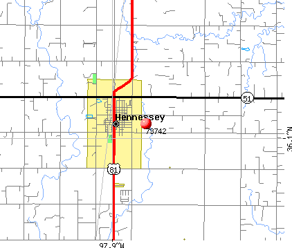 Hennessey, OK (73742) map