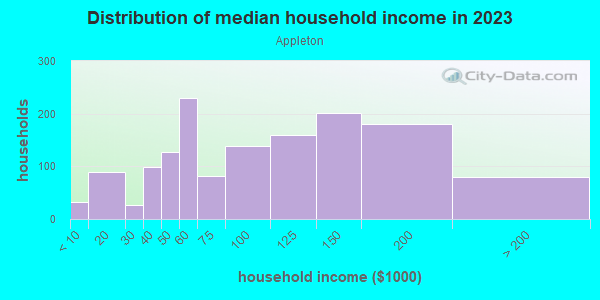 Household income distribution in 2013 in Appleton in Grand Junction neighborhood in CO