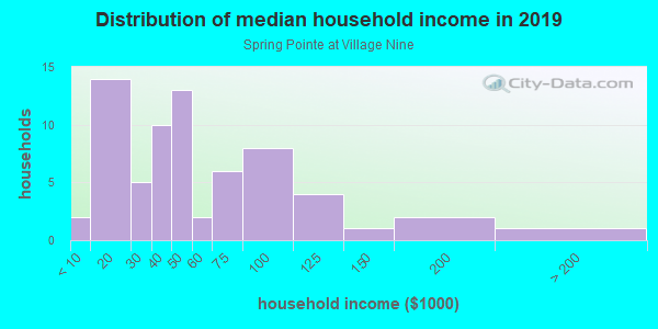Household income distribution in 2013 in Spring Pointe at Village Nine in Grand Junction neighborhood in CO
