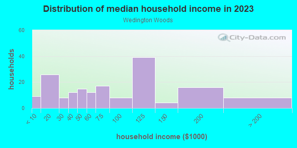 Household income distribution in 2013 in Wedington Woods in Fayetteville neighborhood in AR