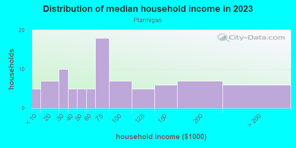 Household income distribution in 2013 in Ptarmigan in Grand Junction neighborhood in CO