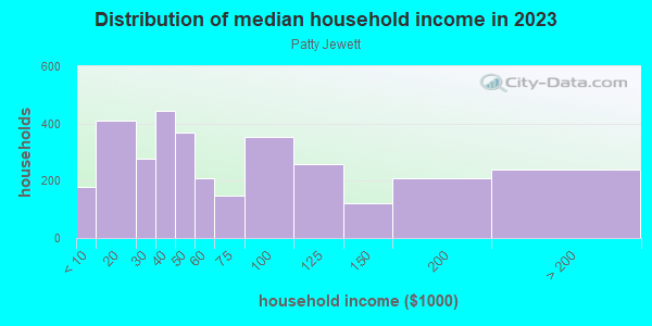 Household income distribution in 2013 in Patty Jewett in Colorado Springs neighborhood in CO