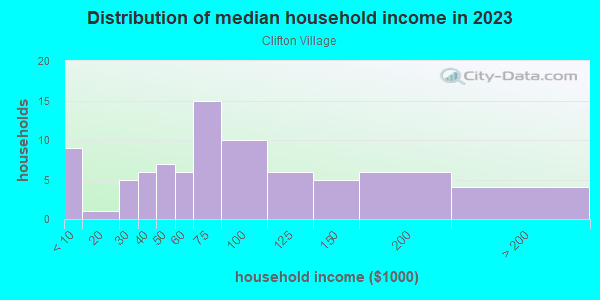 Household income distribution in 2013 in Clifton Village in Grand Junction neighborhood in CO