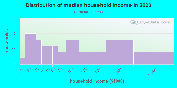 Household income distribution in 2013 in Camelot Gardens in Grand Junction neighborhood in CO
