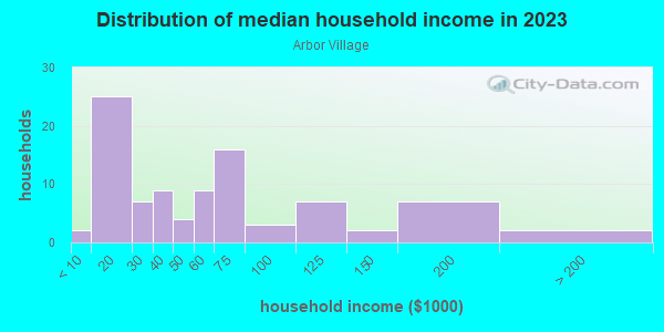 Household income distribution in 2013 in Arbor Village in Grand Junction neighborhood in CO