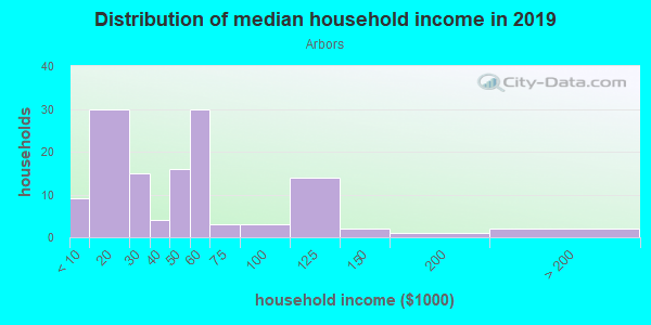 Household income distribution in 2013 in Arbors in Grand Junction neighborhood in CO