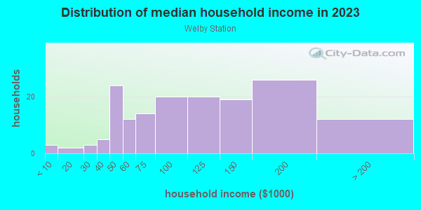 Household income distribution in 2013 in Welby Station in Denver neighborhood in CO