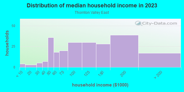 Household income distribution in 2013 in Thornton Valley East in Denver neighborhood in CO
