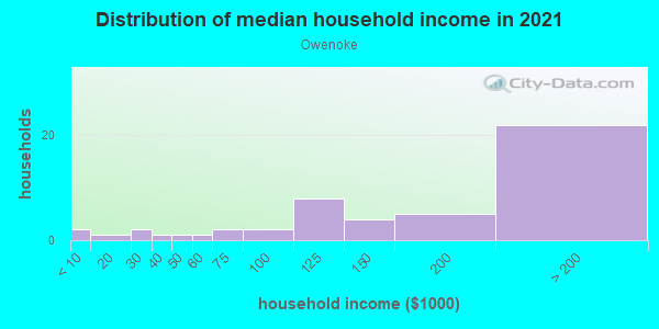 Household income distribution in 2013 in Owenoke in Westport neighborhood in CT