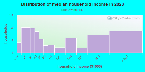 Household income distribution in 2013 in Brandywine Hills in Wilmington neighborhood in DE