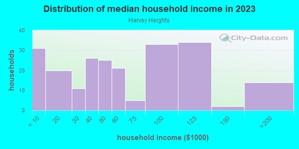 Household income distribution in 2013 in Harvey Heights in Tampa neighborhood in FL