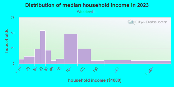 Household income distribution in 2013 in Wheelerville in Mobile neighborhood in AL