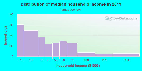 Household income distribution in 2013 in Tampa Overlook in Tampa neighborhood in FL