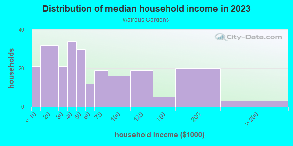 Household income distribution in 2013 in Watrous Gardens in Tampa neighborhood in FL