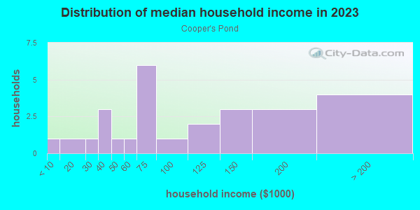 Household income distribution in 2013 in Cooper's Pond in Lutz neighborhood in FL