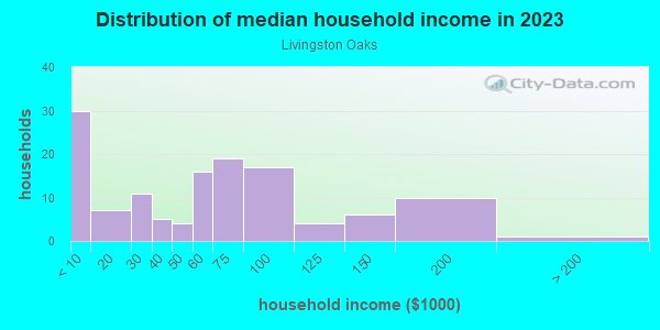 Household income distribution in 2013 in Livingston Oaks in Lutz neighborhood in FL
