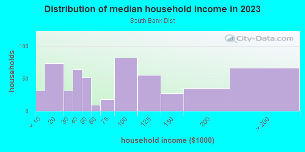Household income distribution in 2013 in South Bank Dist in Jacksonville neighborhood in FL