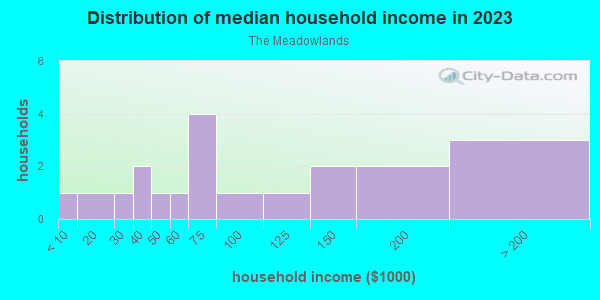 Household income distribution in 2013 in The Meadowlands in Lutz neighborhood in FL