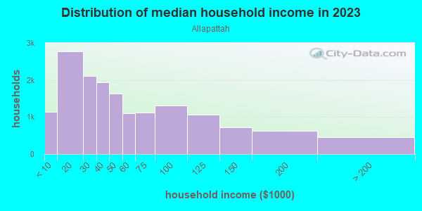 Household income distribution in 2013 in Allapattah in Miami neighborhood in FL