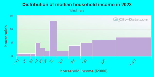 Household income distribution in 2013 in Windmere in Lutz neighborhood in FL