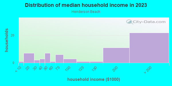 Household income distribution in 2013 in Henderson Beach in Tampa neighborhood in FL
