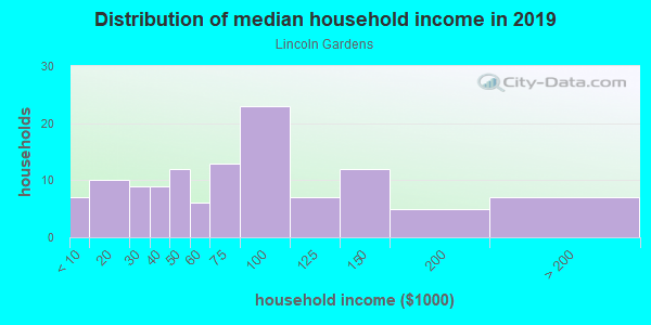 Household income distribution in 2013 in Lincoln Gardens in Tampa neighborhood in FL