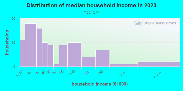 Household income distribution in 2013 in Ybor City in Tampa neighborhood in FL