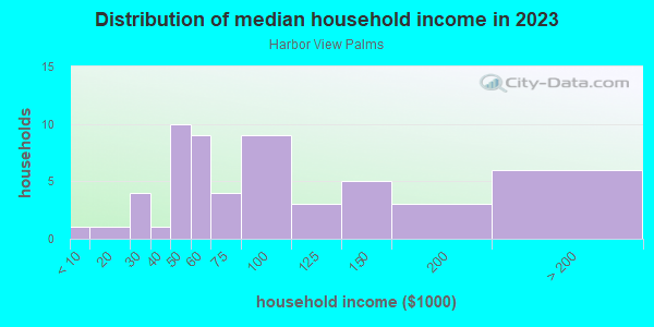 Household income distribution in 2013 in Harbor View Palms in Tampa neighborhood in FL