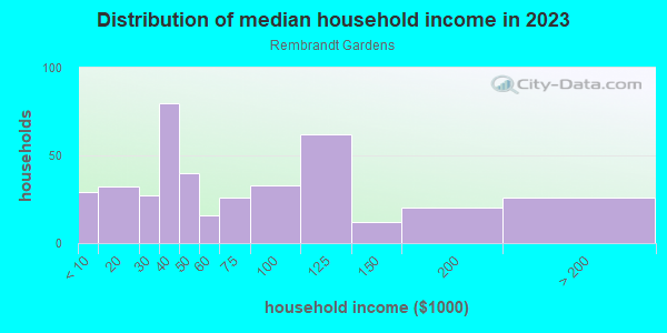 Household income distribution in 2013 in Rembrandt Gardens in Tampa neighborhood in FL