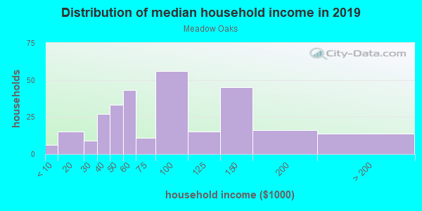 Household income distribution in 2013 in Meadow Oaks in Hudson neighborhood in FL