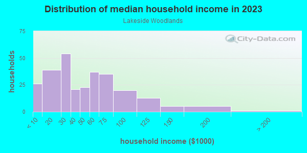 Household income distribution in 2013 in Lakeside Woodlands in Hudson neighborhood in FL