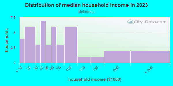 Household income distribution in 2013 in Metrowest in Orlando neighborhood in FL