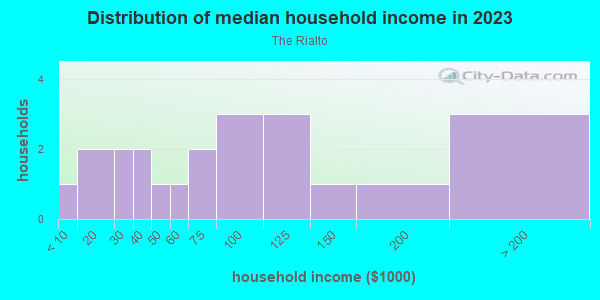 Household income distribution in 2013 in The Rialto in Orlando neighborhood in FL