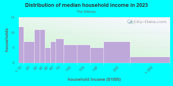 Household income distribution in 2013 in The Willows in Orlando neighborhood in FL
