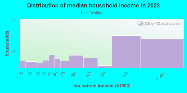 Household income distribution in 2013 in Lake Weldona in Orlando neighborhood in FL