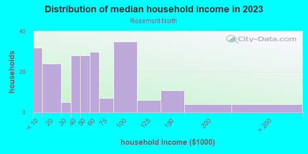 Household income distribution in 2013 in Rosemont North in Orlando neighborhood in FL
