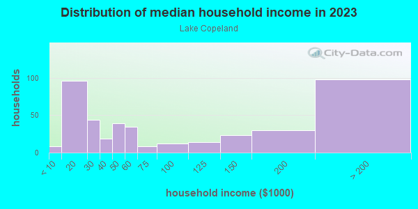 Household income distribution in 2013 in Lake Copeland in Orlando neighborhood in FL