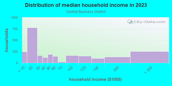 Household income distribution in 2013 in Central Business District in Orlando neighborhood in FL