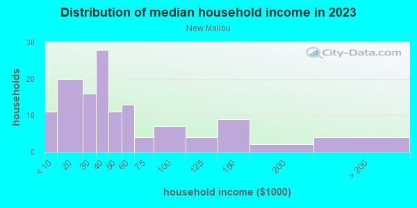 Household income distribution in 2013 in New Malibu in Orlando neighborhood in FL