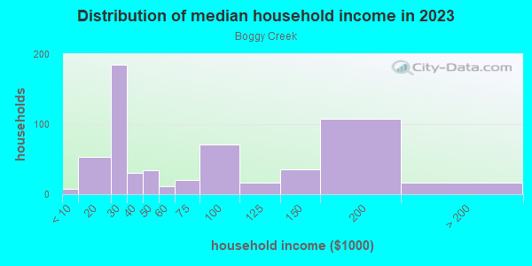 Household income distribution in 2013 in Boggy Creek in Orlando neighborhood in FL