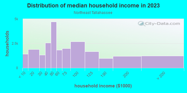 Household income distribution in 2013 in Northeast Tallahassee in Tallahassee neighborhood in FL