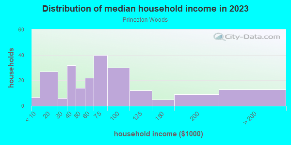 Household income distribution in 2013 in Princeton Woods in Mobile neighborhood in AL