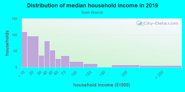 Household income distribution in 2013 in Town Branch in Fayetteville neighborhood in AR