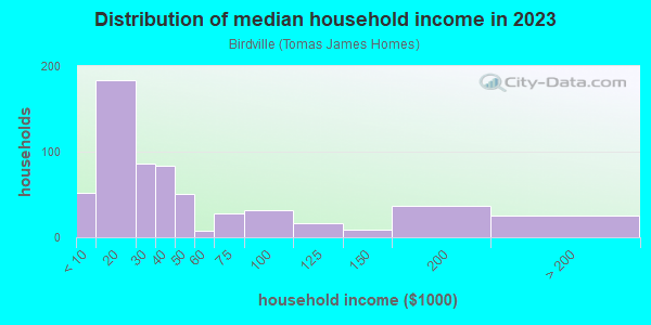 Household income distribution in 2013 in Birdville in Mobile neighborhood in AL