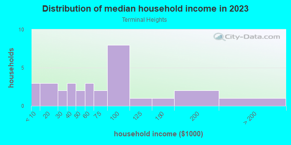 Household income distribution in 2013 in Terminal Heights in Haines City neighborhood in FL