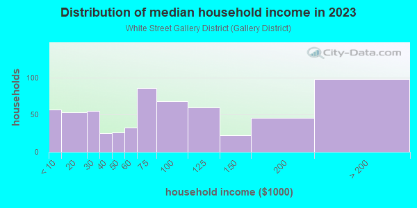 Household income distribution in 2013 in White Street Gallery District in Key West neighborhood in FL